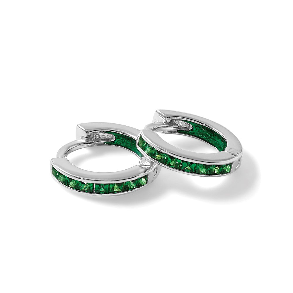 SS Polished Green CZ and Enamel In/Out Hinged Round Hoop Earrings