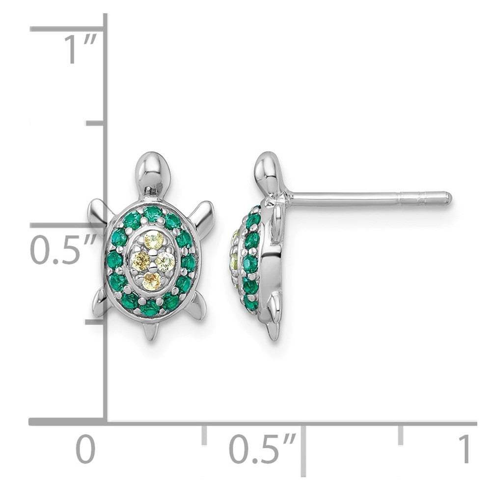 Sterling Silver RH-pl Polished Green Yellow Nano Crystals Turtle Post Earri