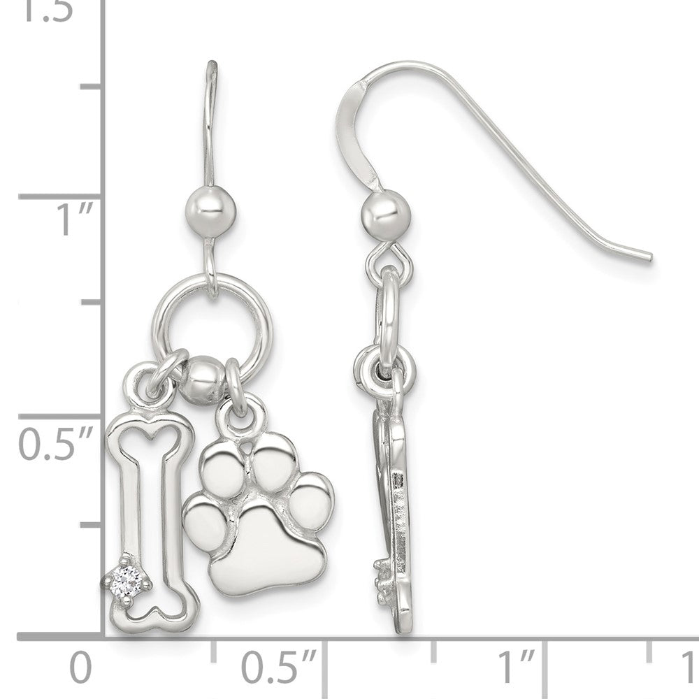 Sterling Silver Polished CZ Bone and Paw Dangle Earrings