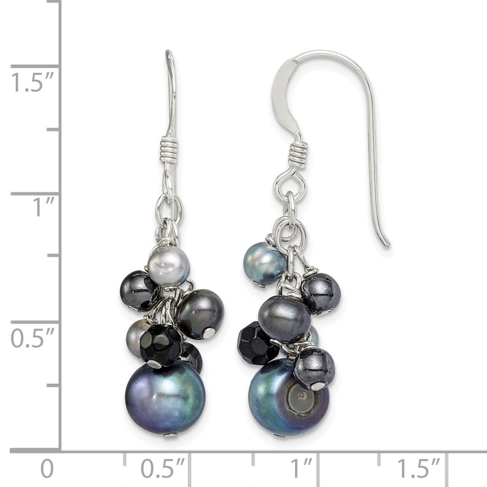 Sterling Silver Black/Grey FW Cultured Pearls and Onyx Dangle Earrings