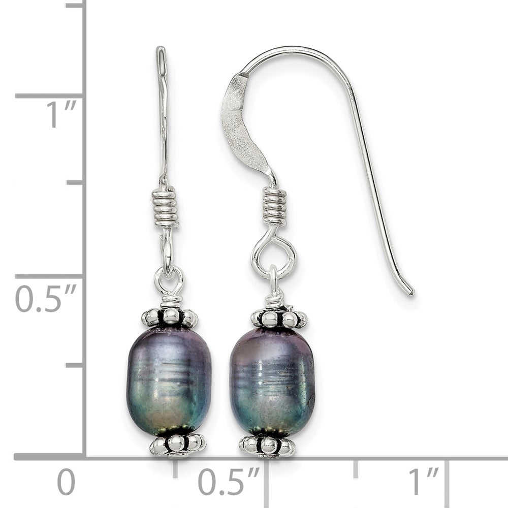 Sterling Silver Polished & Antiqued Black FWC Pearl Dangle Earrings