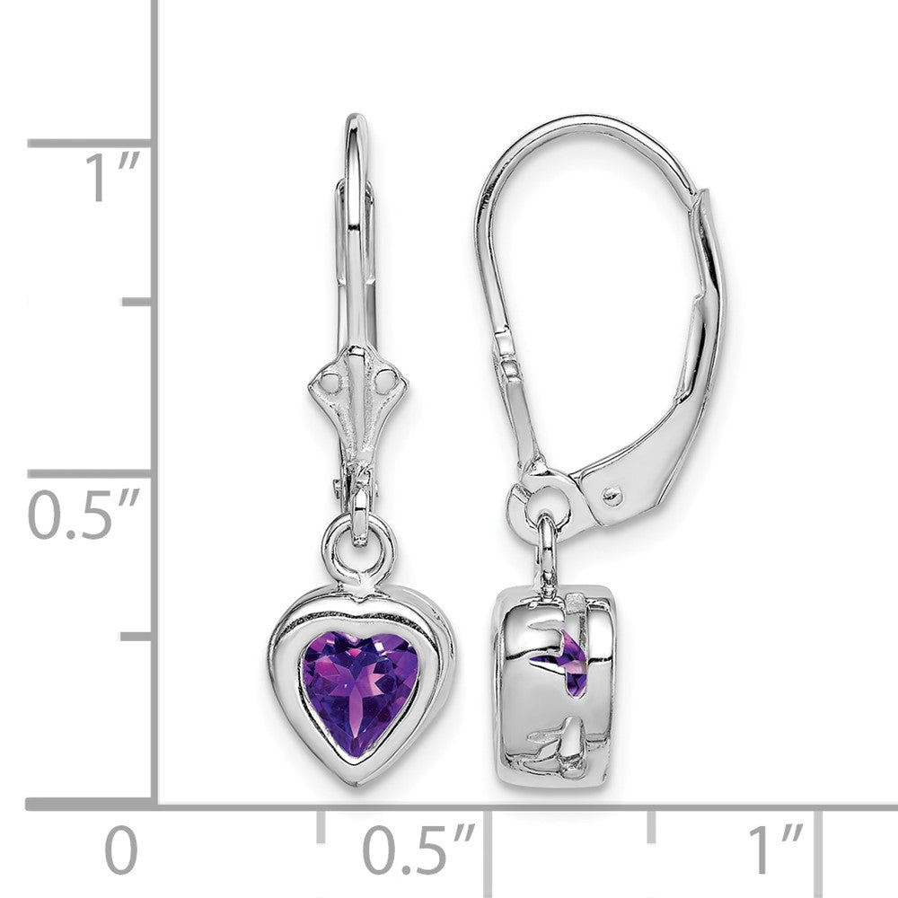 Sterling Silver Rhodium Plated 6mm Heart Amethyst Leverback Earrings