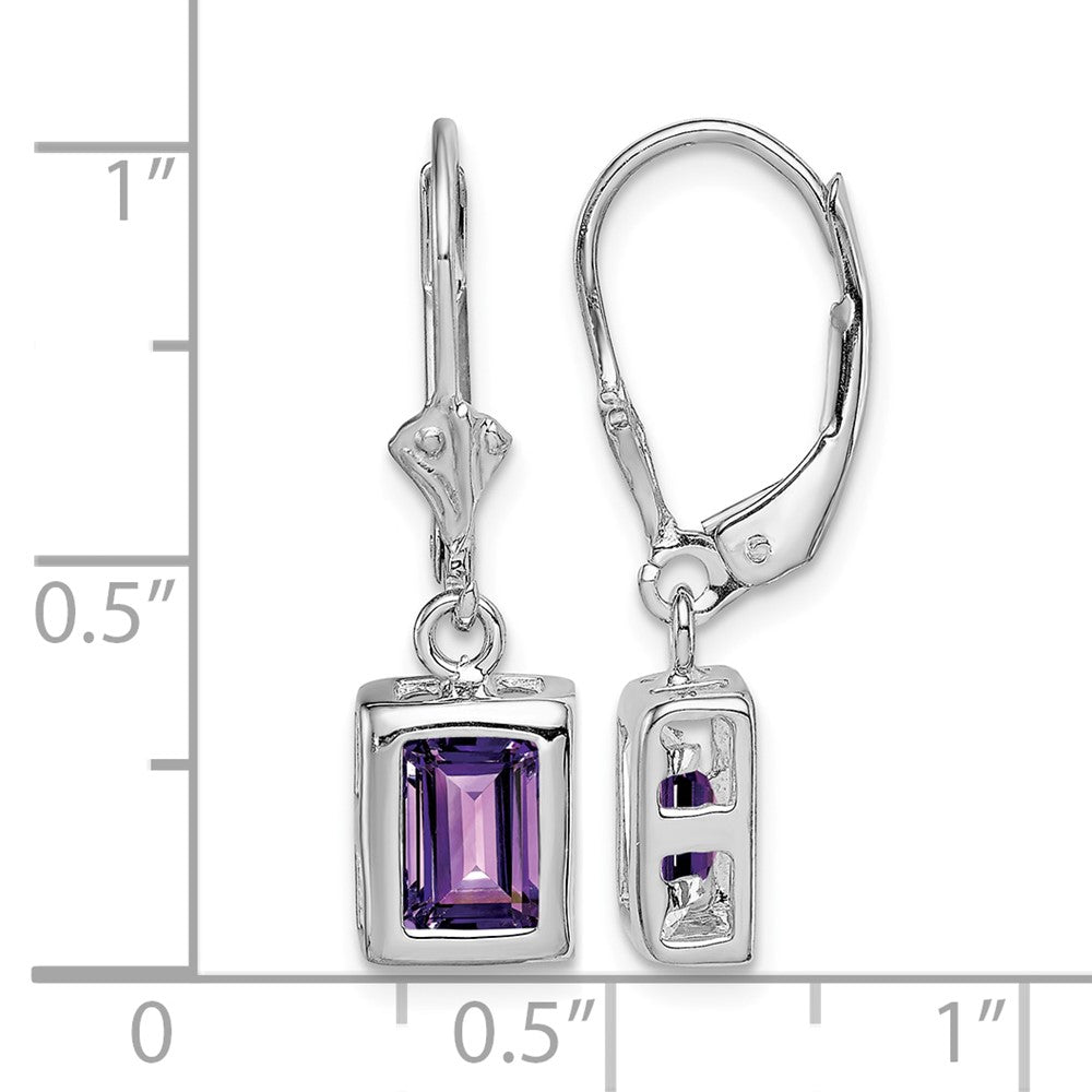 Sterling Silver RH Plated 7x5 Emerald Cut Amethyst Leverback Earrings