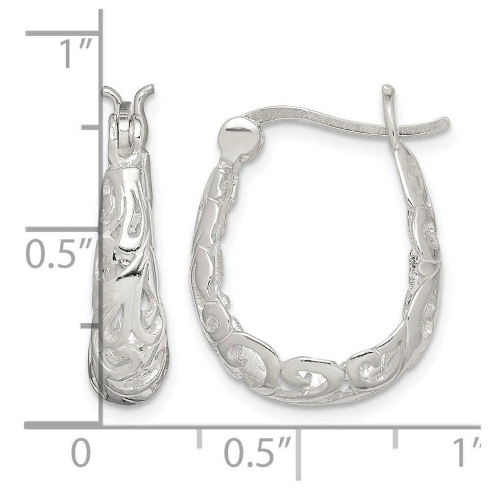 Sterling Silver Polished Filigree Oval Hoop Earrings