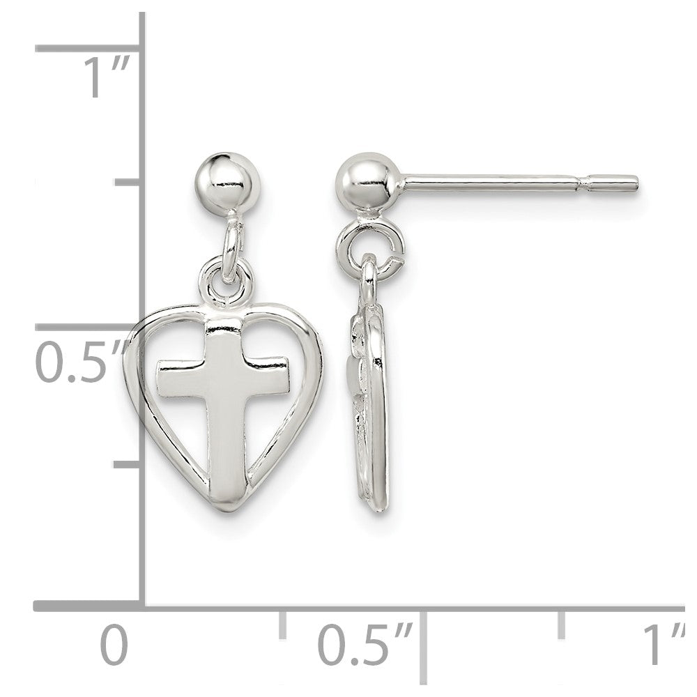 Sterling Silver Polished Cross in Heart Post Dangle Earrings