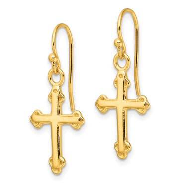 Sterling Silver Gold-tone Polished Budded Cross Dangle Earrings