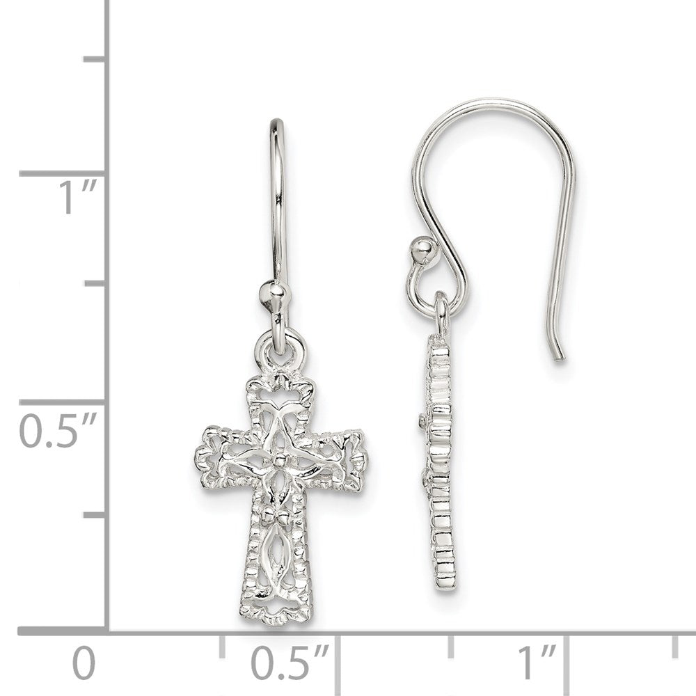 Sterling Silver Polished & Textured Cross Dangle Earrings