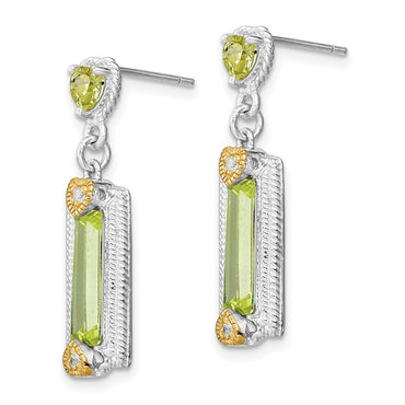 Sterling Silver Rhod-pltd w/Gold-tone Vermeil Green CZ Dangle Earrings