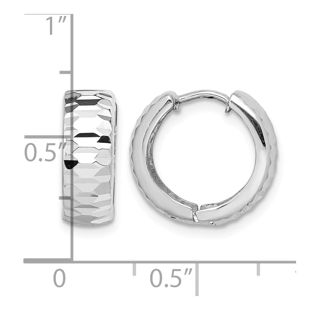 Sterling Silver Rhodium Polished Diamond-cut Hinged Hoop Earrings
