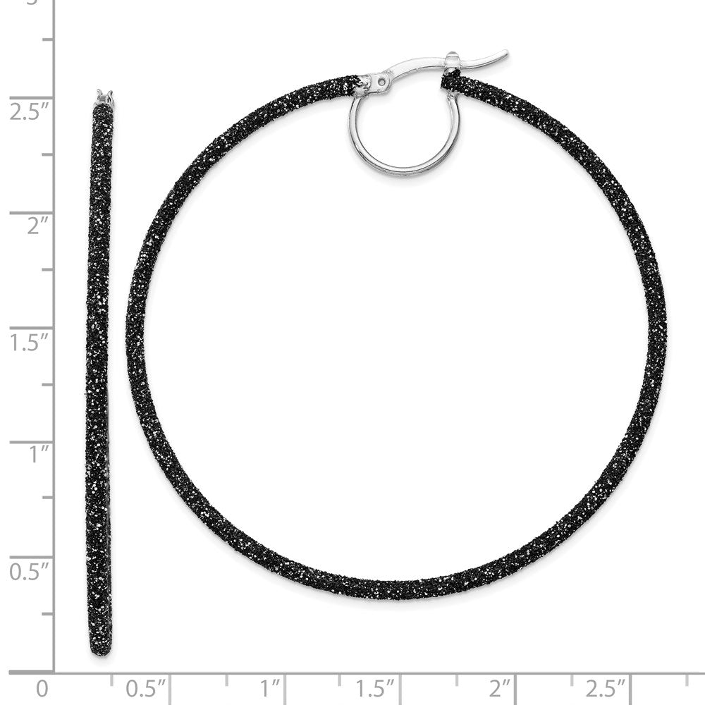 Sterling Silver Rhodium-plated Black Glitter Enamel 2x55mm Hoop Earrings