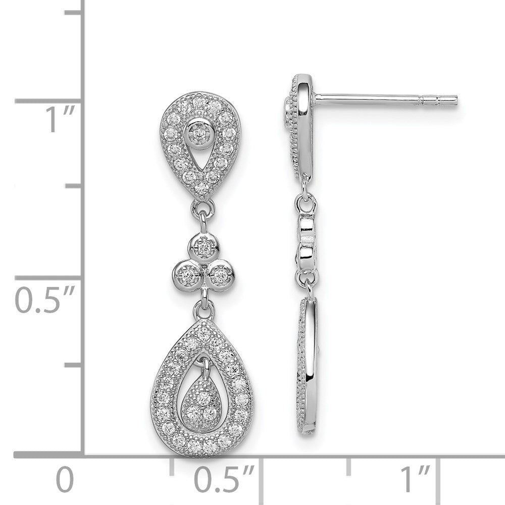 Sterling Silver Rhodium-plated CZ Pavé Pear Dangle Post Earrings