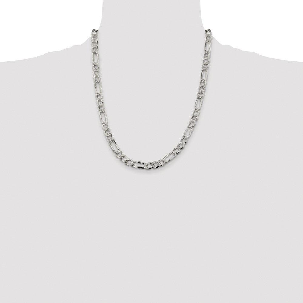 Sterling Silver Rhodium-plated 7.25mm Pavé Flat Figaro Chain