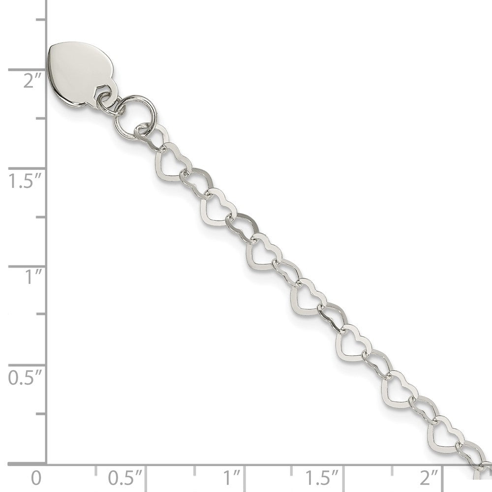 Sterling Silver Fancy Heart Link with Heart Dangle Charm 6 Inch Bracelet