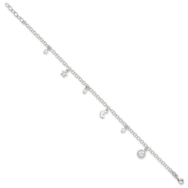 Sterling Silver Sun Moon Stars and Crystals 10in Plus 1in ext. Anklet