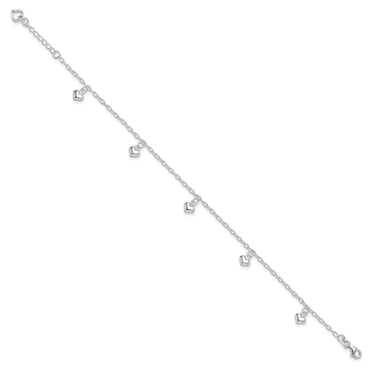 Sterling Silver Polished Puffed Heart 10in Plus 1in ext Anklet