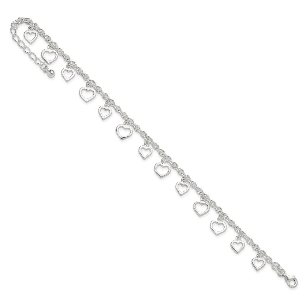 Sterling Silver 8 in Plus 1in Ext Polished Heart Anklet