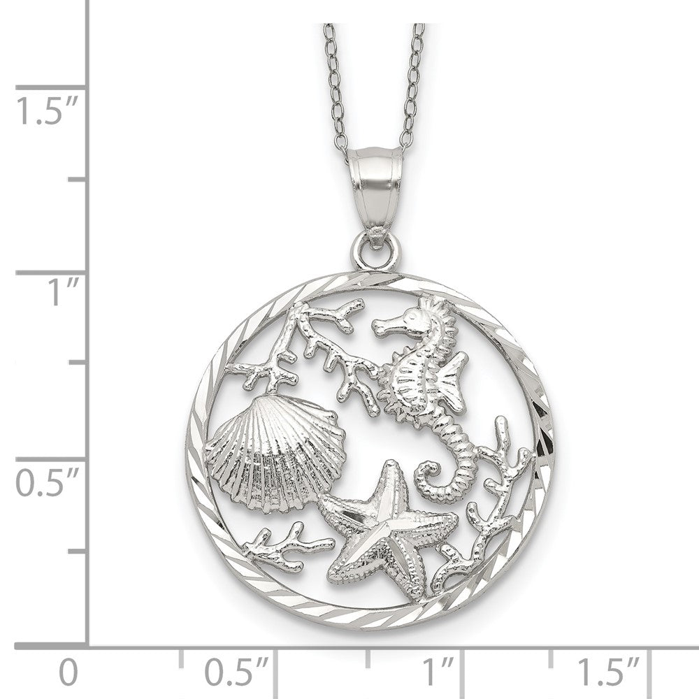 Sterling Silver Rhodium-plated Seahorse, Starfish and Shell Pendant