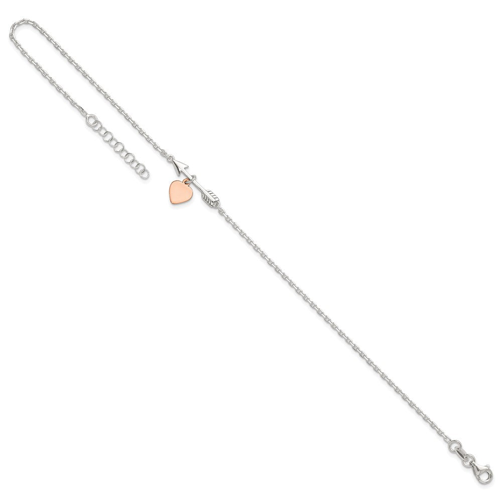 Sterling Silver Arrow with Rose-tone Heart 10in Plus 1 inch Ext Anklet