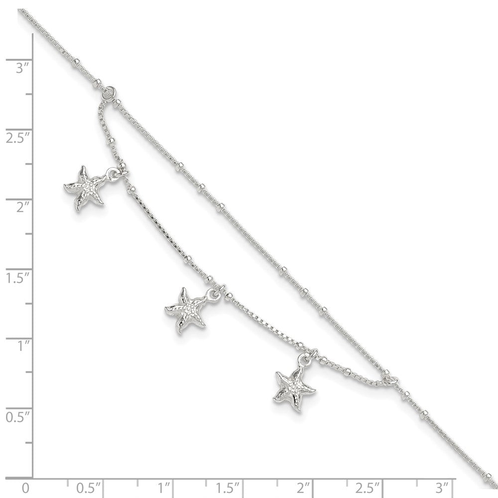 Sterling Silver Polished 2-Strand Starfish 9in Plus 1in Ext Anklet
