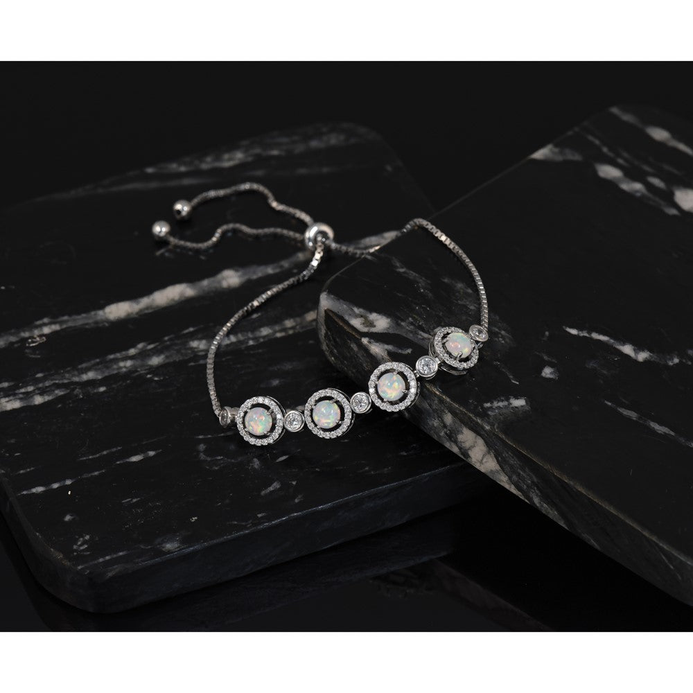 Sterling Silver RH-plated Created Opal and CZ Adjustable Bracelet
