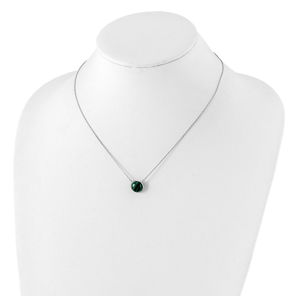 Sterling Silver Rhodium-plated Round Malachite Cabochon Necklace