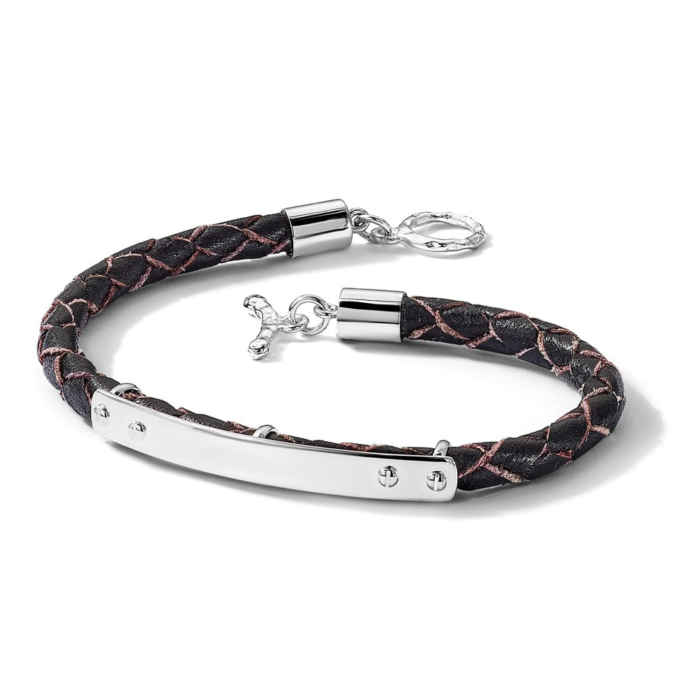 Sterling Silver Genuine Leather ID 8in Toggle Bracelet