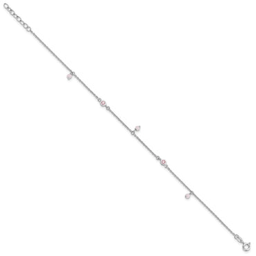 Sterling Silver Rhod-plated Pink CZ/Glass Beads 9in Plus 1in ext Anklet