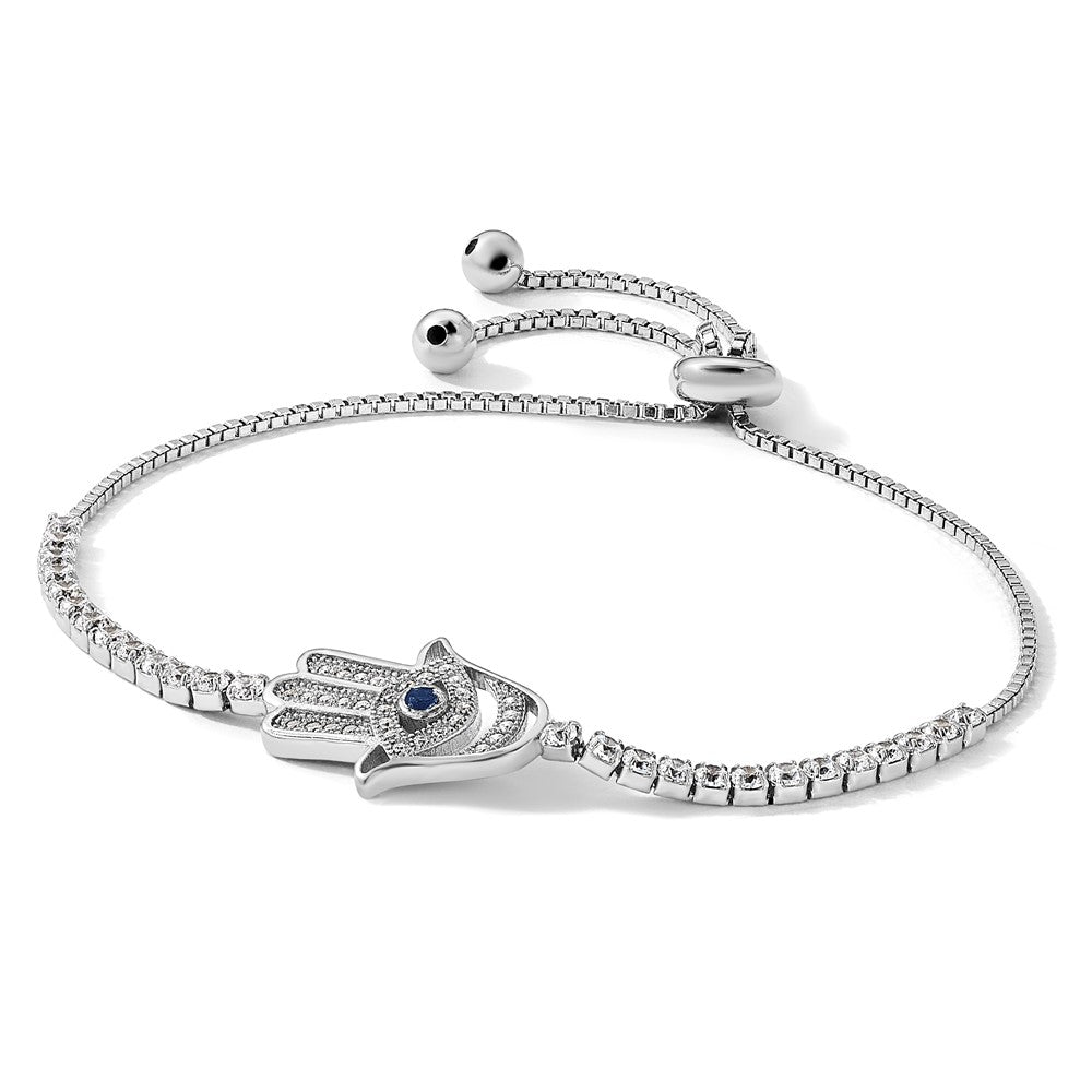 Sterling Silver Rh-plated Clear and Blue CZ Evil Eye Hamsa Adj Bracelet