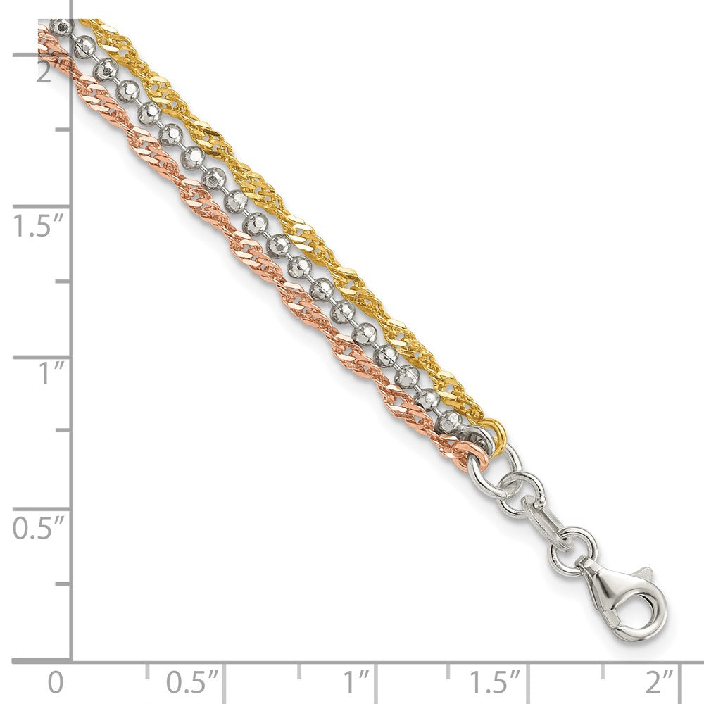 Sterling Silver Gold and Rose Gold-plated 3 Strand 7.5in Bracelet