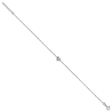 Sterling Silver Polished and Beaded Heart 9in Plus 1in Ext Anklet