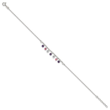 Sterling Silver Polished Multicolor CZ and Hearts 9in Plus 1in Ext Anklet