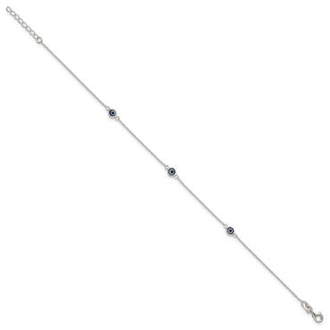 Sterling Silver Polished and Glass Evil Eye 9in Plus 1in Ext Anklet