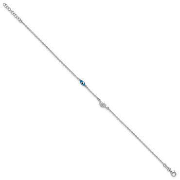 SSilver Rhodium-plated Enamel Evil Eye w/Leaf 9in Plus 1in ext. Anklet