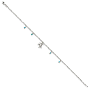 Sterling Silver and Beaded Turquoise Turtle 9in Plus 1in Ext Anklet