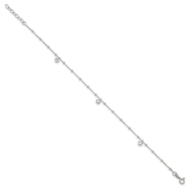 Sterling Silver Polished and Beaded CZ 9in Plus 1in Ext Anklet