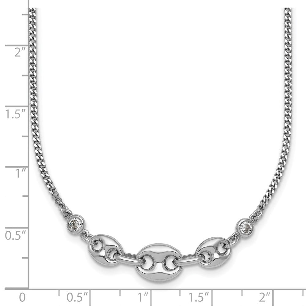 Sterling Silver Rh-plated CZ Puffed Mariner 16in w/ 2in Ext Necklace