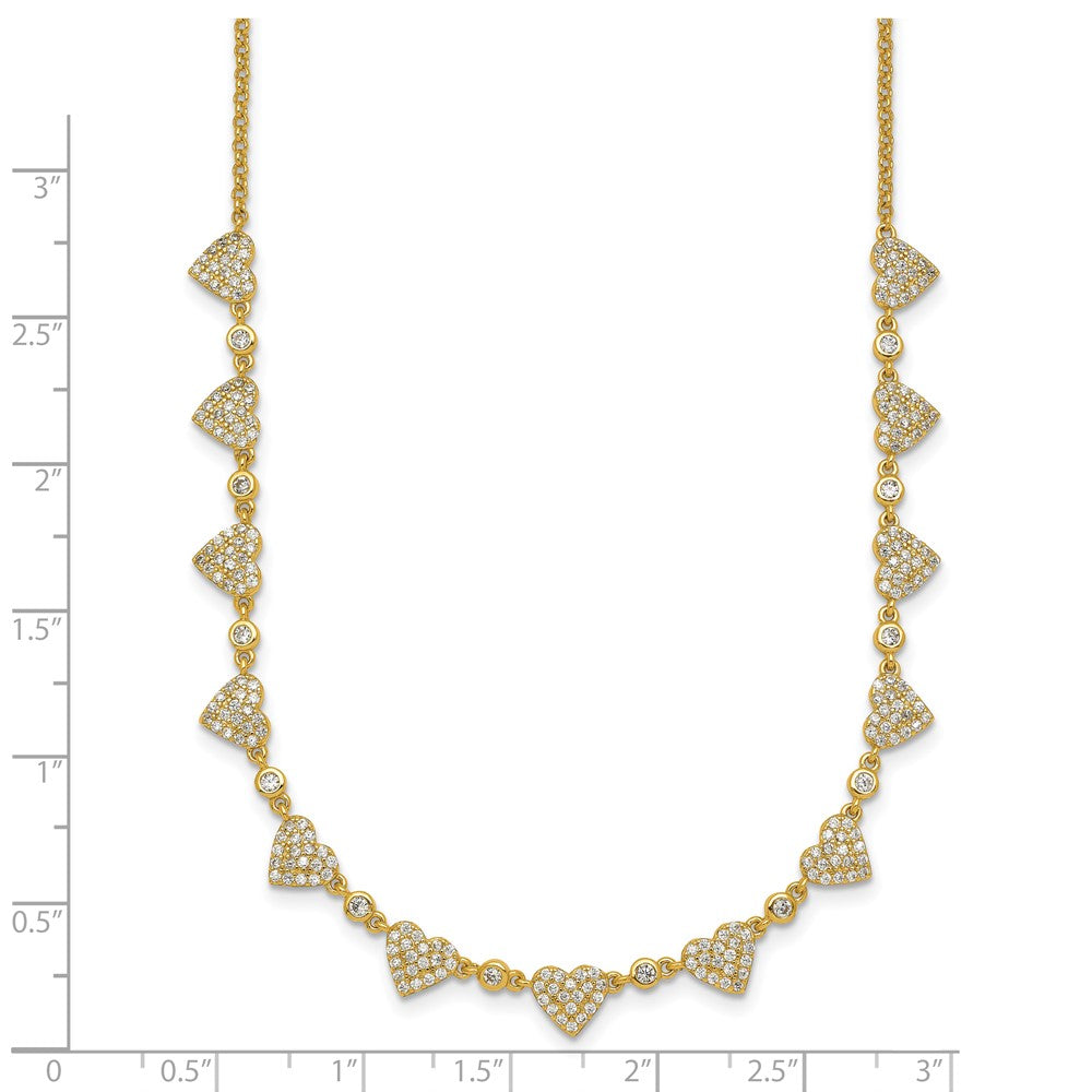 Sterling Silver Gold-tone Polished Pave CZ Hearts 16in w/ 2in Ext Necklace