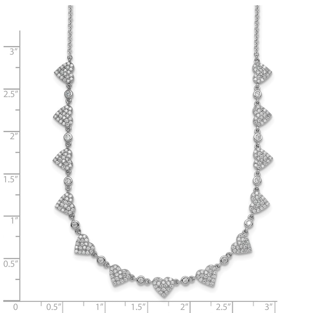 Sterling Silver RH-plated Pave CZ Small Hearts 16in w/ 2in Ext Necklace
