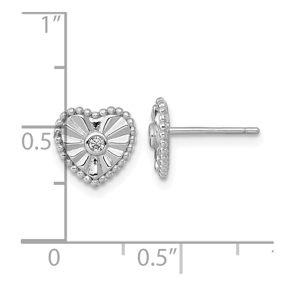 Sterling Silver RH-plated Polished and Textured CZ Heart Post Earrings