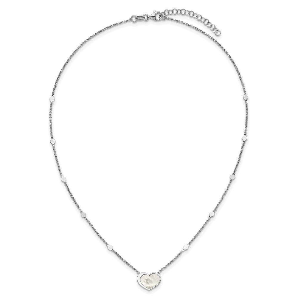 Sterling Silver Rhod-plated Mother of Pearl Heart 16in w/1in ext Necklace
