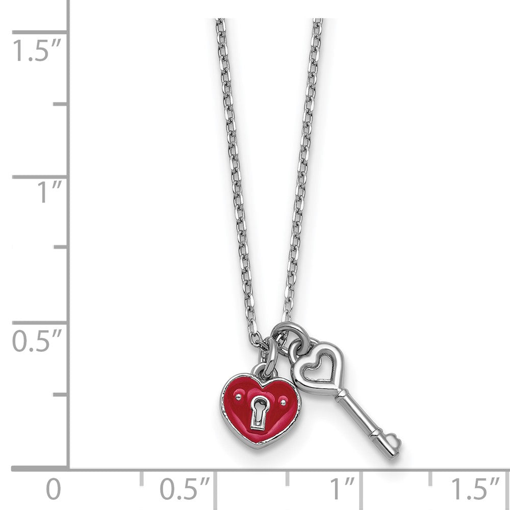 Sterling Silver Rhod-plat Enamel Heart Lock w/Key 16in w/1in ext Necklace