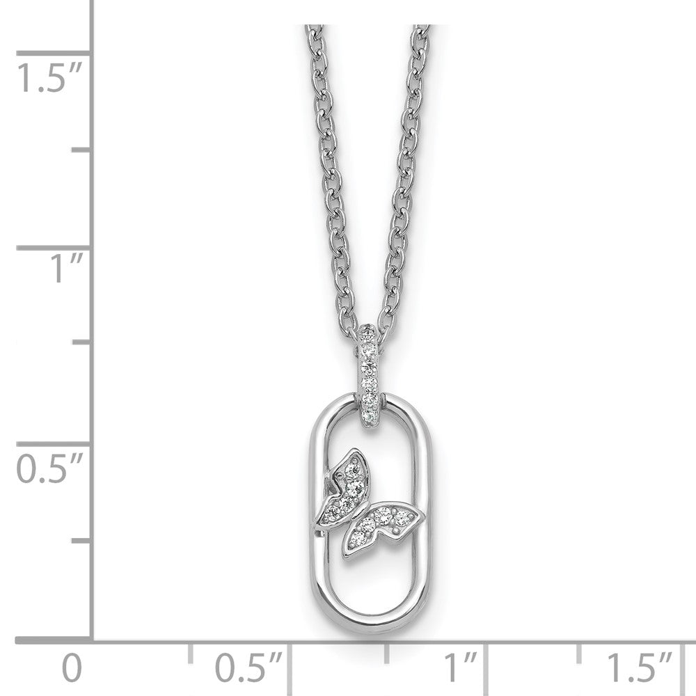 Sterling Silver RH-plated CZ Oval with Butterfly 16in w/1.5in Ext Necklace