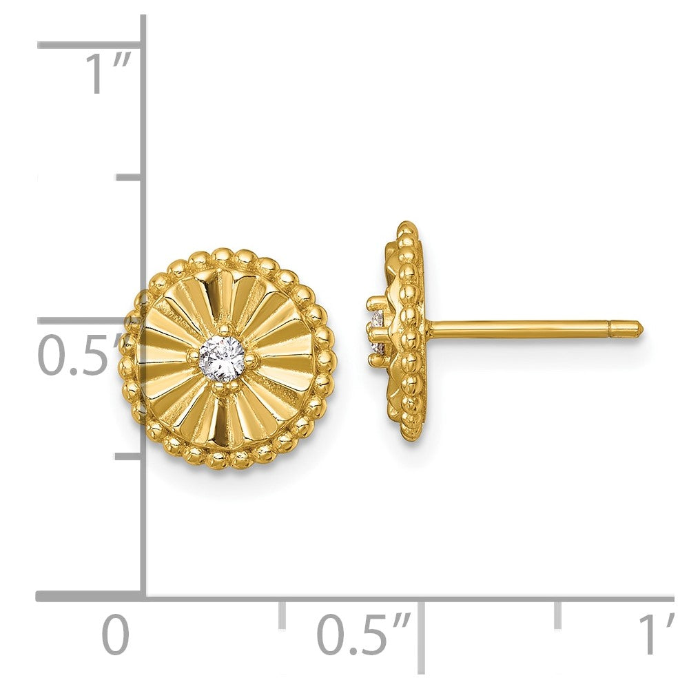 Sterling Silver Gold-tone Polished and Textured CZ Circle Post Earrings