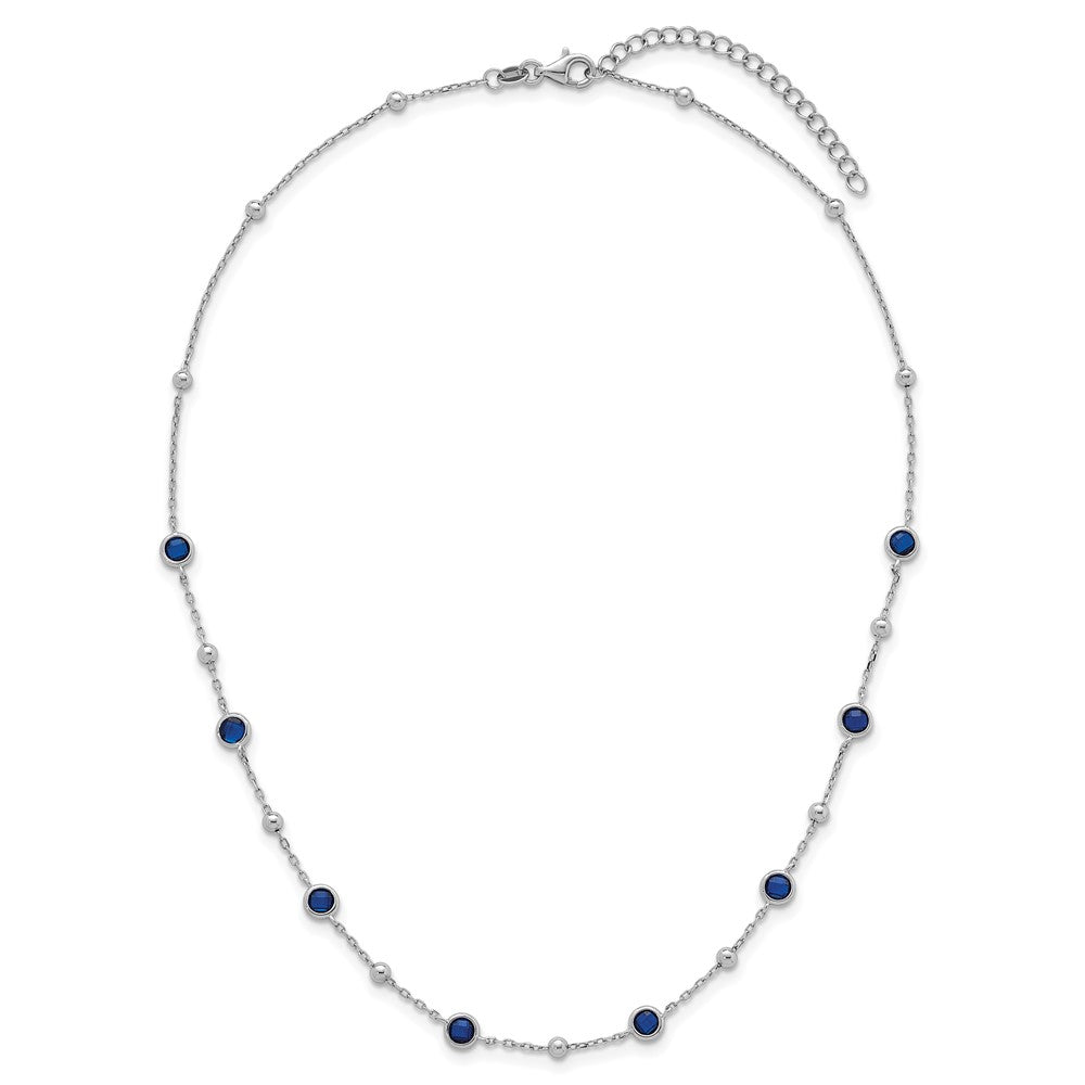 Sterling Silver RH-plated and Beaded Blue CZ 16in w/2in Ext Necklace