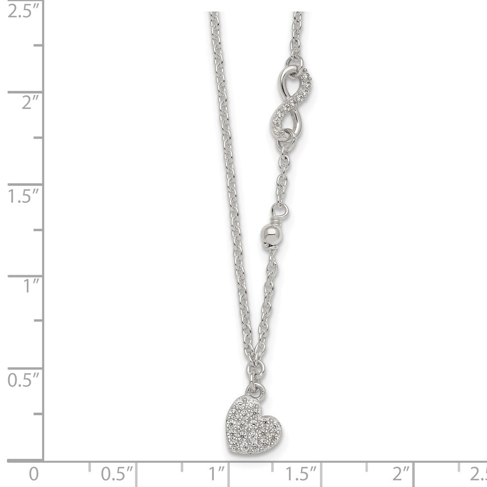 Sterling Silver CZ Infinity and Heart w/ 2in Ext Necklace