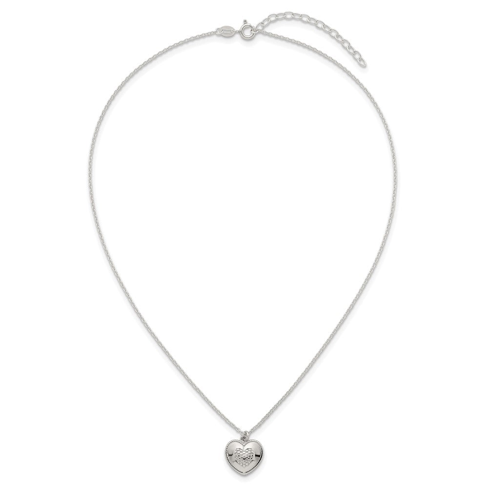 Sterling Silver Polished and Textured Heart w/ 2in Ext Necklace