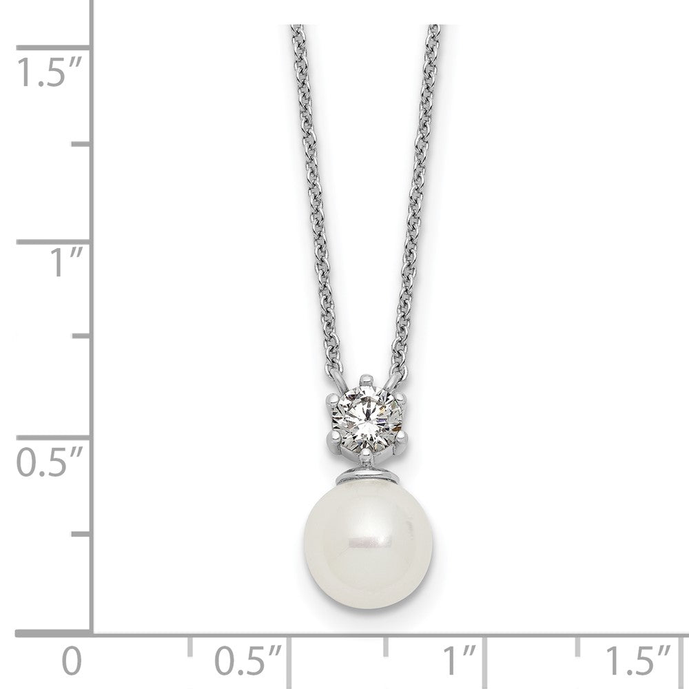 Sterling Silver RH-pltd Polished CZ Shell Pearl 15.5in w/2in Ext Necklace