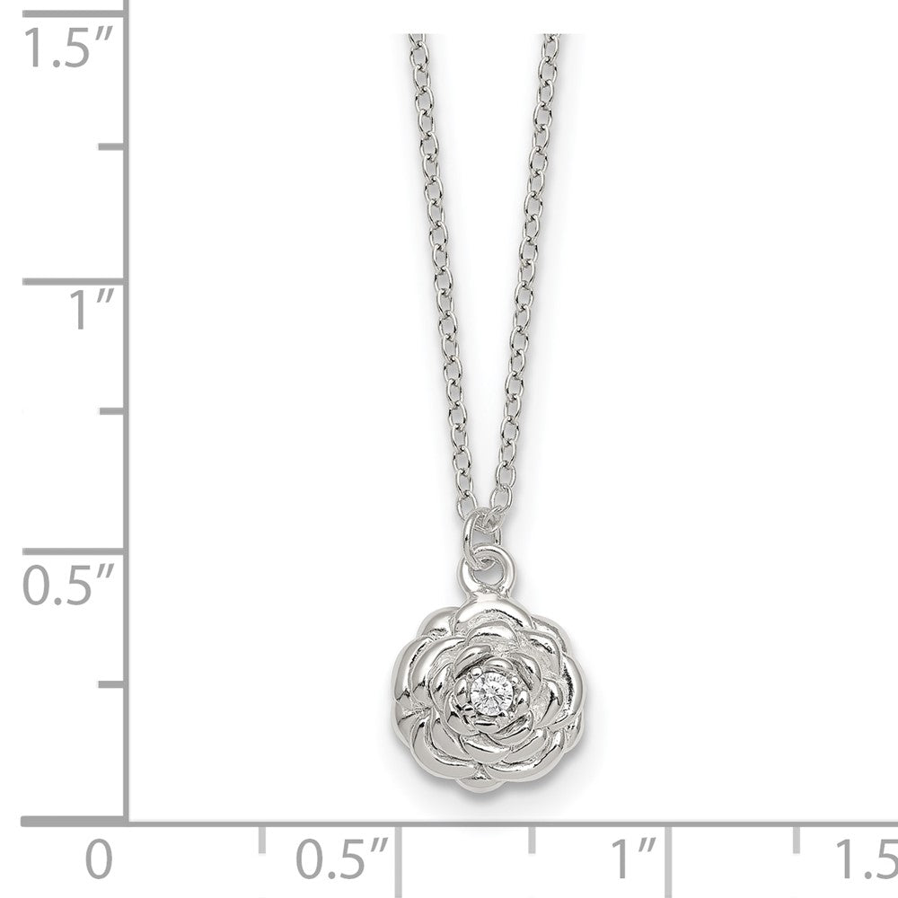 Sterling Silver Polished CZ Flower 16 Inch with 2 Inch Extension Necklace