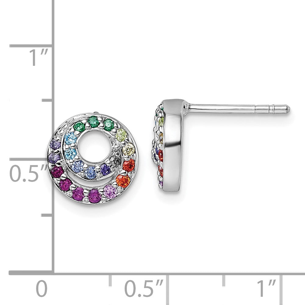 Sterling Silver Rh-plated Multi Color CZ Double Circle Post Earrings