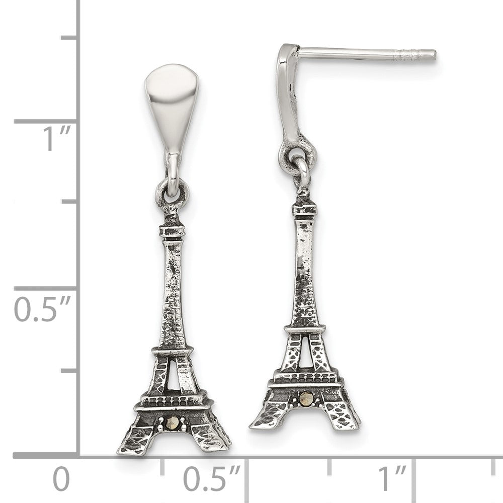 Sterling Silver Antiqued Marcasite 3-D Eiffel Tower Dangle Post Earrings